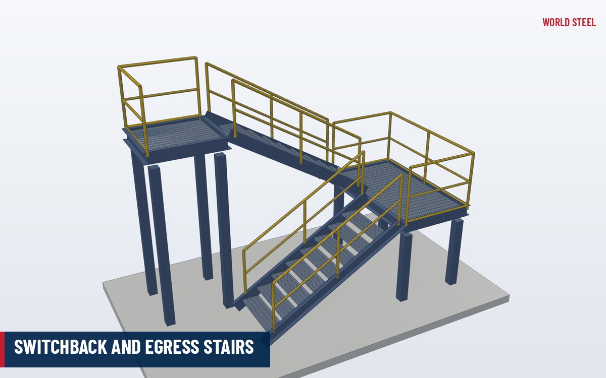 Isometric render of a two-flight switchback steel stair with intermediate landing