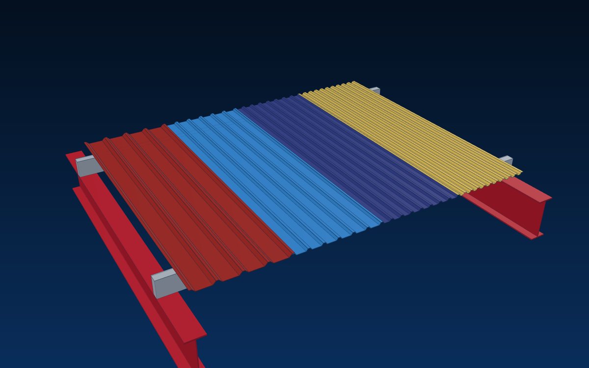 Trapezoidal roof sheets in four colours fixed on purlins