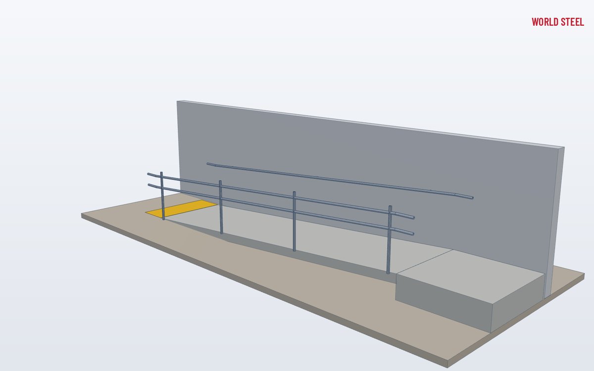 Low-angle view of dual-height stainless handrails beside a public stair