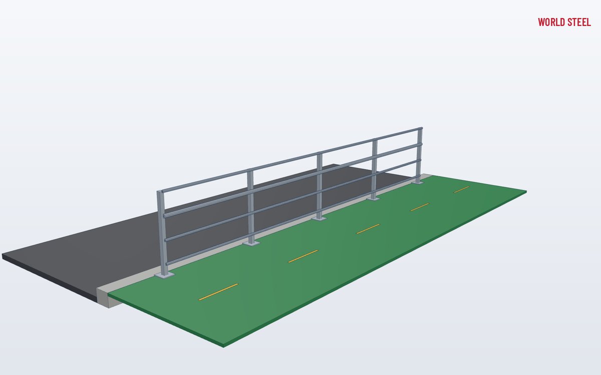 Low-angle view of a bikeway barrier on the edge of a pedestrian bridge deck