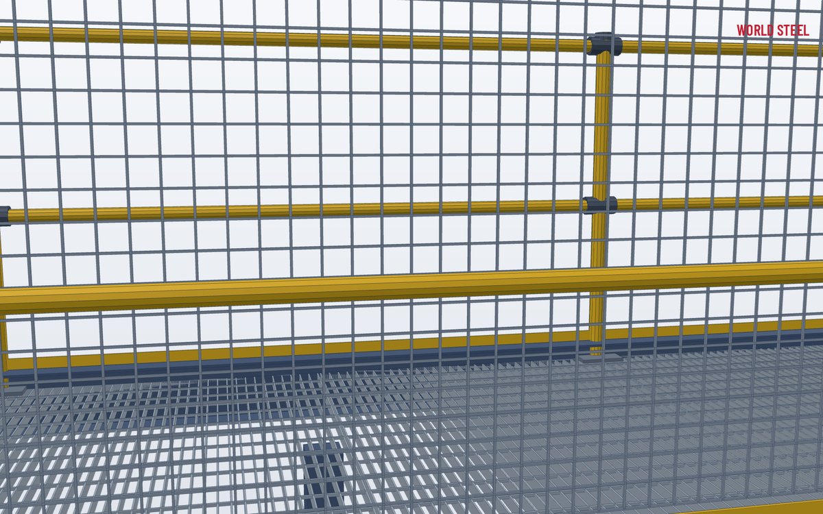 Close-up of mesh infill panels clamped to a stanchion